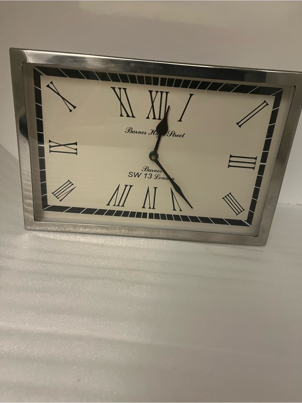rectangular polished chrome Barnes High Street SW13 London mantel clock